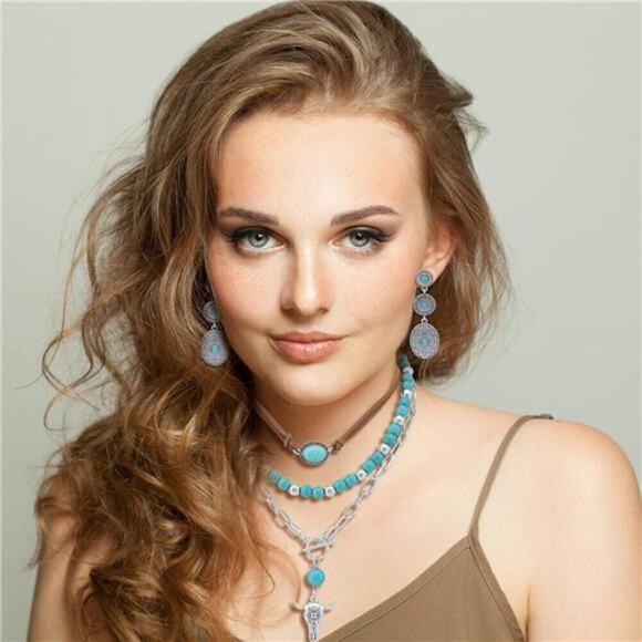 15 PCs Western Concho Belt Cowgirl Necklace, Dangle Earrings Rins Jewelry set main image 5